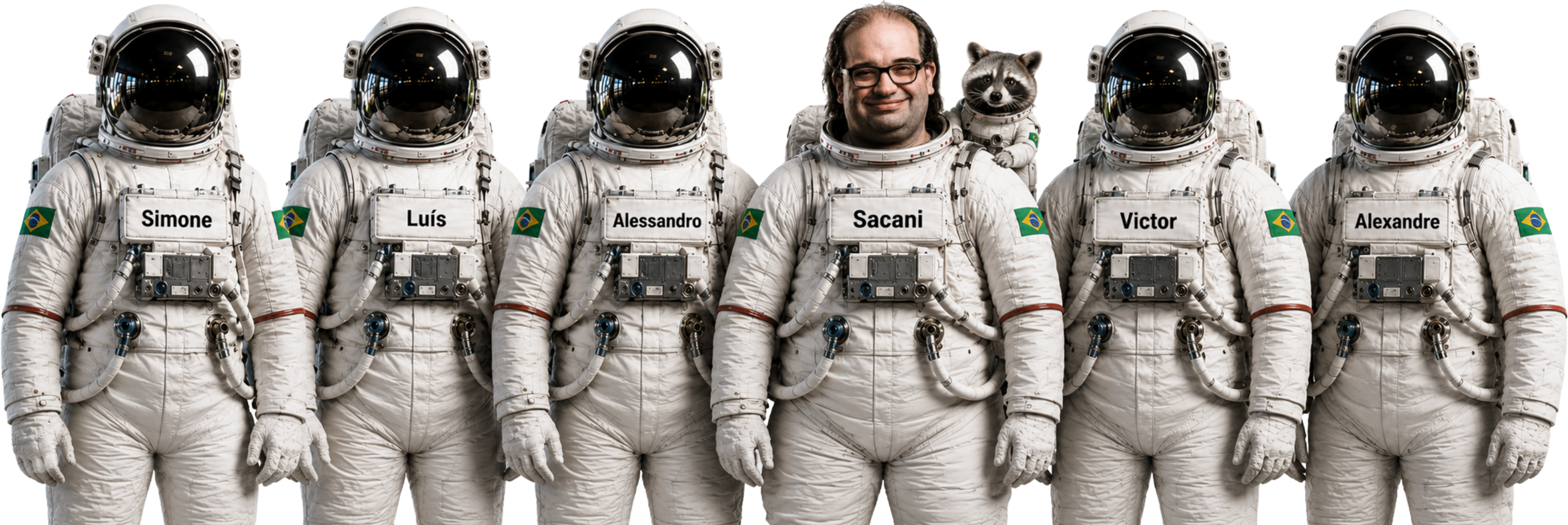 Astronautas confirmados do Space Today Tour 2027 — Simone, Luís, Alexandre, Alessandro e Victor — com Sérgio Sacani
